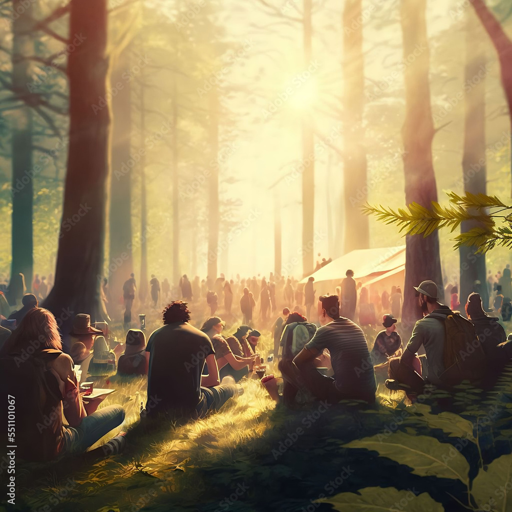 Obraz premium People sitting in a forest camp party sunny day