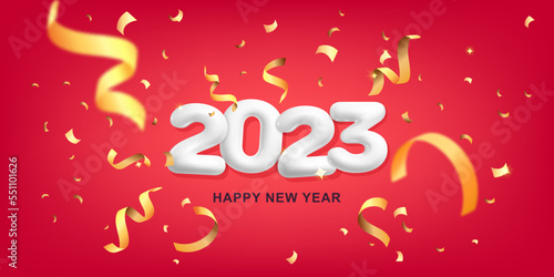 3d vector Happy new Year 2023 holiday red background with gold twisted Christmas decoration flying confetti banner template design