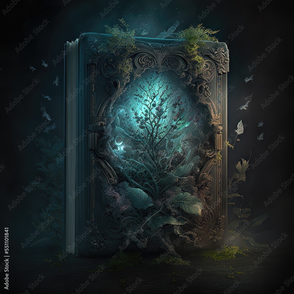 Fototapeta premium cover and outside of a book filled with fantasy landscape 