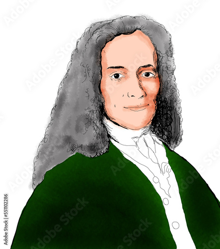 Realistic black and white illustration of the French philosopher Voltaire	