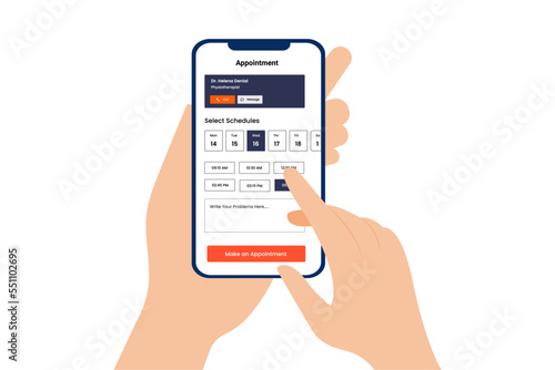 Vector illustration of hand holding mobile phone with schedule appointment for online doctor consultation.