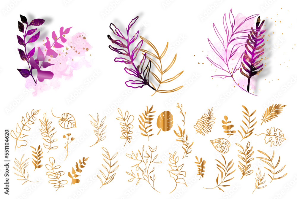 Fototapeta premium Big hand drawn colorful gold and pink plant set. Botanical, chic and trendy plants. Hand drawn lines, elegant leaves for your own design. Flower branch and minimalistic modern plants.