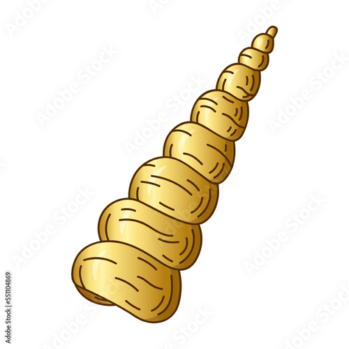 Sketch gold color luxury sea spiral seashell trochus isolated on white background.