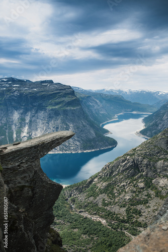 Trolltunga, view on troll tongue reef over the lake. Beautiful nature. Tourist popular place. Ringedalsvatnet, Odda, Norway. 