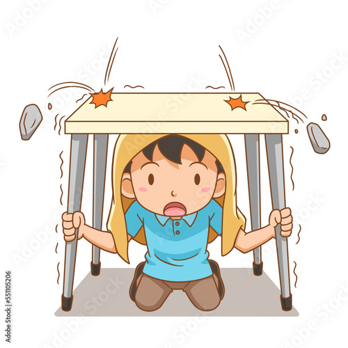 Cartoon boy hiding under the desk.