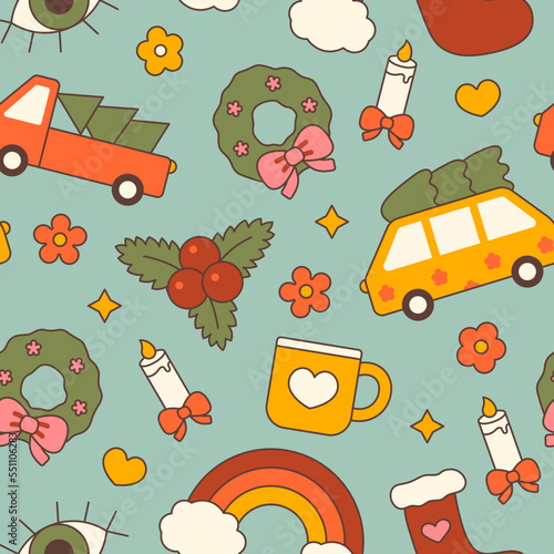 Christmas groove vintage seamless pattern on blue background.