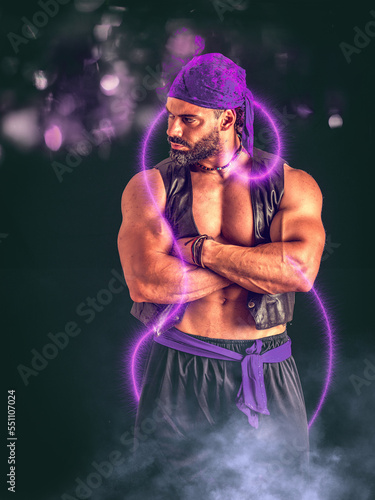 Muscular bearded male jinn in leather vest