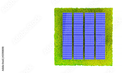 Natural energy solar cells. Isometric Background top view of large solar panels on green grass with copy. concept of good renewable energy solar system. 3D render illustration