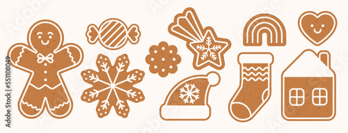Set of flat illustrations of Christmas gingerbread cookies.