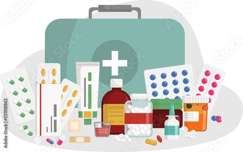 medicine pills and bottels with medicine box