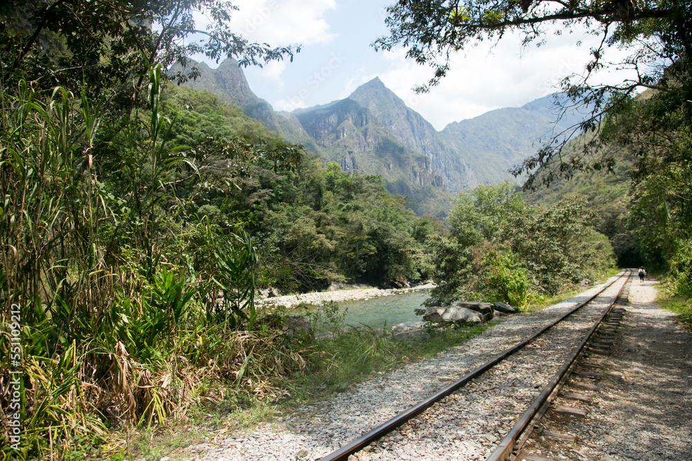 Hiking from Santa Teresa Hidroeléctrica to Aguas Calientes to reach Machupichu. Path following the train tracks with several hikers.