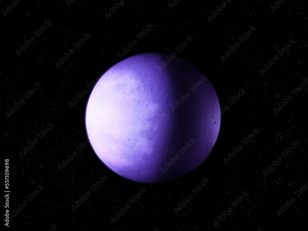 Planet with a solid surface and craters. Exoplanet with atmosphere. Alien planet in purple tones. Astronomical wallpaper. Space background.