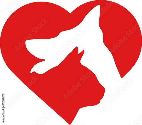 Dog and cat veterinary medicine red heart logo icon. Pet care. Isolated on white background. Design template for veterinary clinics. Vector illustration.