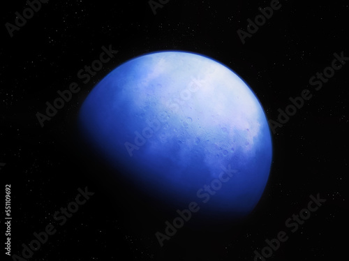 Exoplanet with atmosphere, cosmic landscape. Beautiful rocky planet in deep space. Alien planet in blue colors.