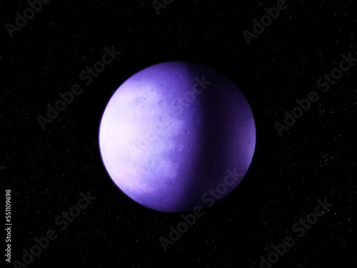 Planet with a solid surface and craters. Exoplanet with atmosphere. Alien planet in purple tones. Astronomical wallpaper. Space background.