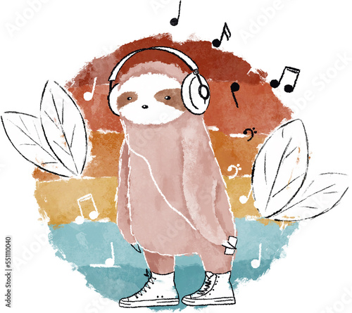 Cute pink sloth listening to the music art. Pink sloth in sneakers and headphones, tropical vintage background. Cute animals watercolor illustration