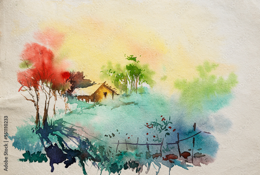 Nice watercolor painting of home on the top of a field in the landscape. Hand painted watercolor illustration.