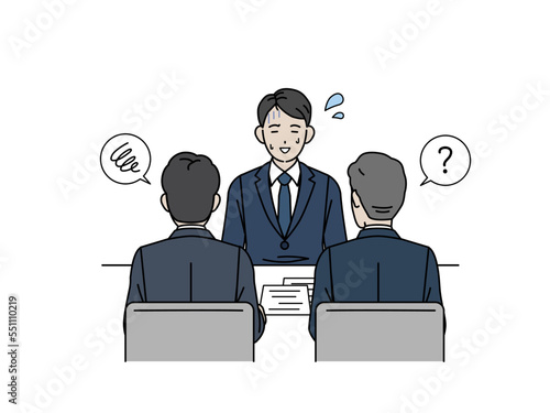 面接で緊張する若い男性のイラスト　圧迫面接　就職活動