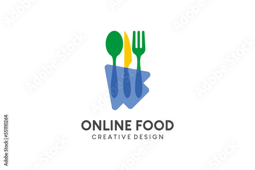 Online food icon logo design, online food ordering logo with simple cutlery and arrow concept