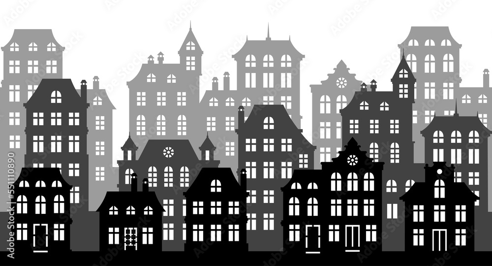 Vector monochrome cityscape illustration.  Horizontal seamless pattern. Street with old style black and gray houses with white windows.
