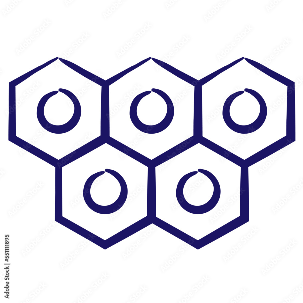 Blue outline icon of the set of hexagons with circles inside drawn with ...