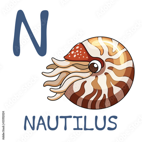 Cute Sea Animal Alphabet Series. N is for Nautilus. Vector cartoon character design illustration.