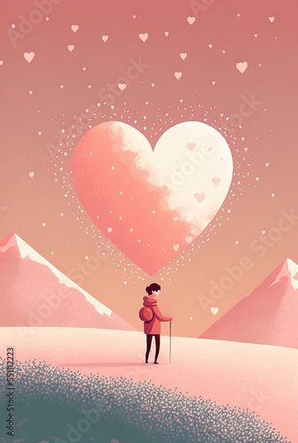 Woman under a big pink heart in a pink snowy mountain landscape, love, romance, romantic, solitude, trekking, walking, Valentine, card, illustration, digital © Caphira Lescante