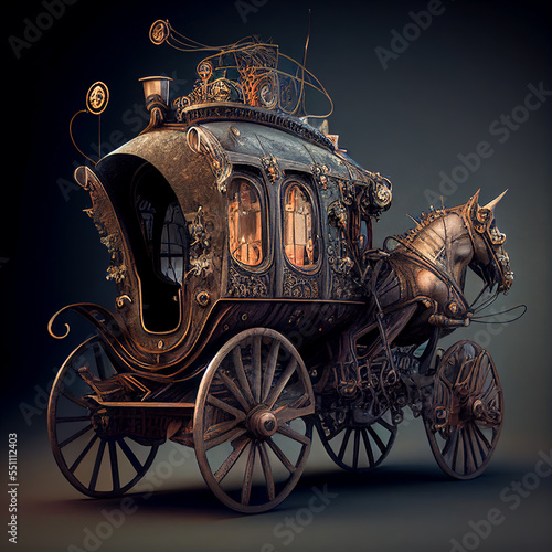 A carriage with a steampunk-style mechanical horse.
