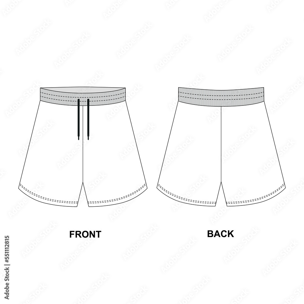 Technical Drawing Of Sports Shorts. Sketch Of Short Beach Shorts. Stock 