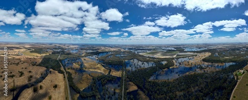 Aerial panoramic view of the flooded forest in Deniliquin town photo
