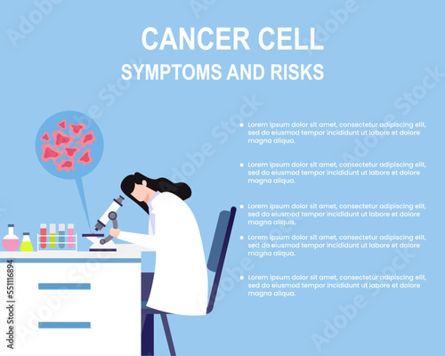 Cancer cell symptoms and risks concept template for banner, website, poster. medical laboratory vector illustration.