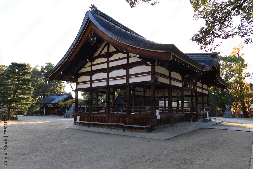 A Japanese shrine in Kyoto : a scene of Hai-den Prayer Hall in the precincts of Fuji-no-mori-jinjya Shrine 京都にある日本の神社:藤森神社境内にある拝殿の風景 A Japanese shrine in Kyoto : a scene of Hai-den Prayer Hall in the precincts of Fuji-no-mori-jinjya Shrine 京都にある日本の神社:藤森神社境内にある拝殿の風景