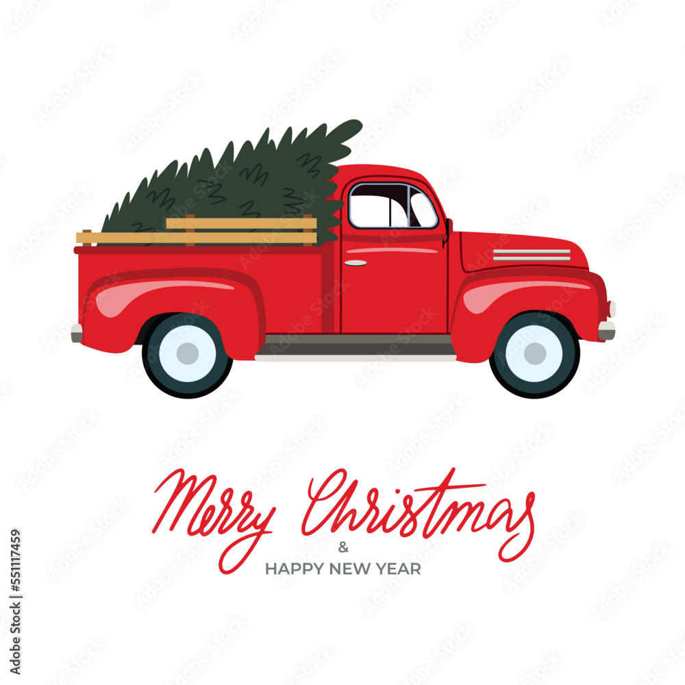 Merry Christmas and Happy New Year Postcard or Poster or Flyer template with retro pickup truck with christmas tree. Stock vector illustration in flat stile. - obrazy, fototapety, plakaty 