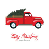 Merry Christmas and Happy New Year Postcard or Poster or Flyer template with retro pickup truck with christmas tree. Stock vector illustration in flat stile.