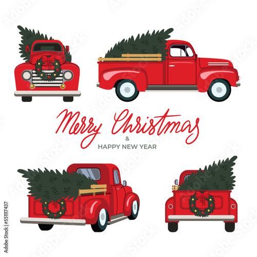 Merry Christmas and Happy New Year Postcard or Poster or Flyer template with retro pickup truck with christmas tree. Stock vector illustration in flat stile.