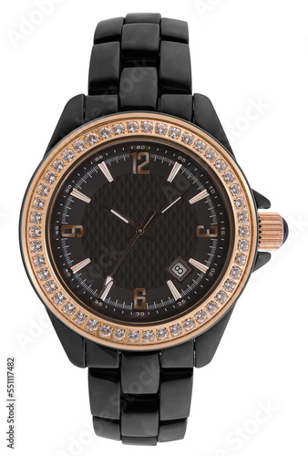 Black wrist watch covered by diamond and gold in transparent PNG format.