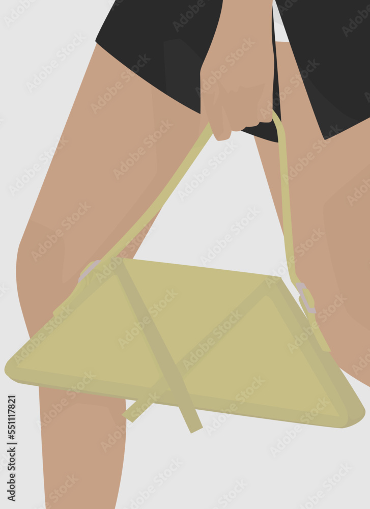 Fototapeta premium Vector flat image of a girl in a short skirt. A girl walking down the street with a small light green bag. Design for postcards, posters, backgrounds, templates, banners, textiles.