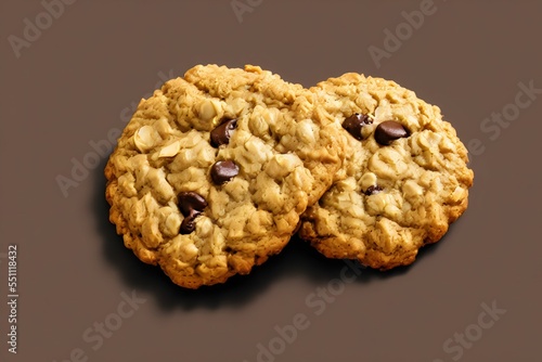 Top view of chocolate chip Oatmeal cookies with hazelnuts isolated on a brown surface