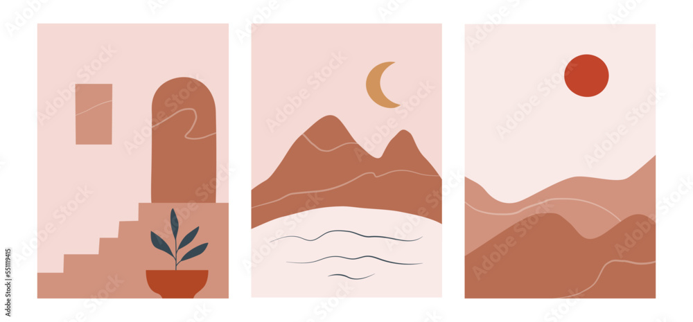 Minimalistic landscape poster set in hand drawn flat style. Perfect for wall art in the style of mid century modern
