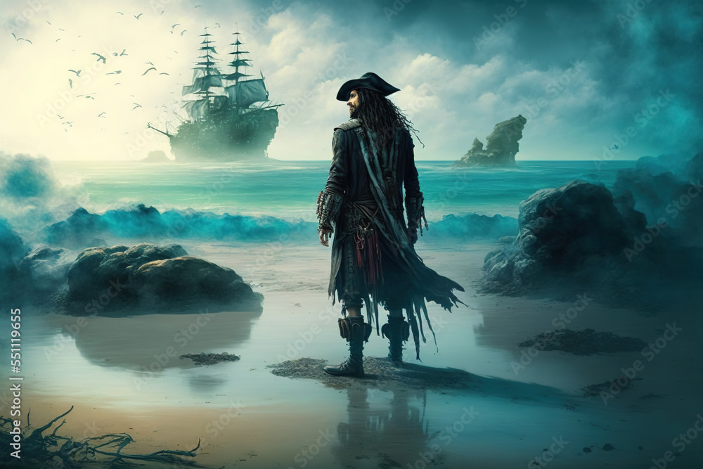 Fototapeta premium A pirate standing on an island beach with a blue ocean and a pirate ship in the far distance, abstract