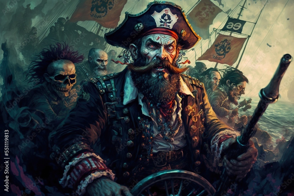Naklejka premium A pirate captain on a ship with a undead skeleton crew