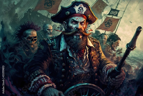 A pirate captain on a ship with a undead skeleton crew