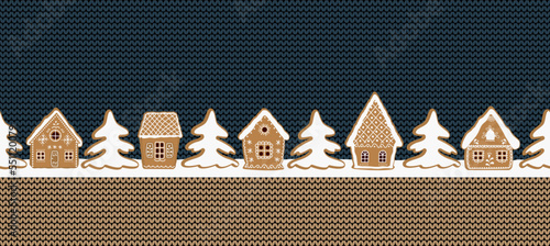 Christmas background. Gingerbread village. Seamless border. Fairytale winter landscape. gingerbread houses and fir trees on knitted background. Vector illustration