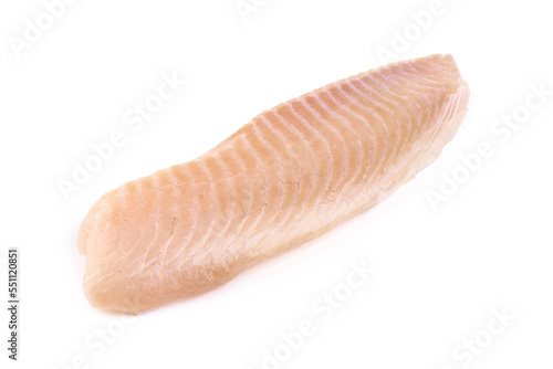 Tilapia fish fillet, isolated on white background.