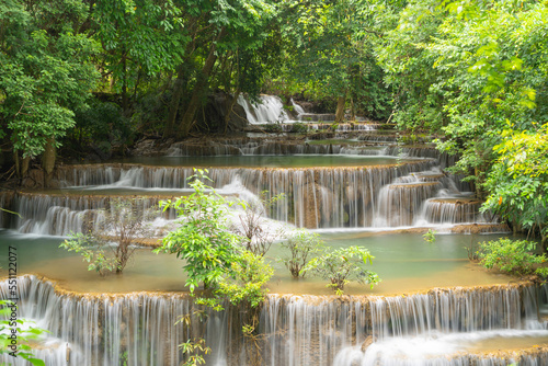 Erawan Waterfall. Nature landscape of Kanchanaburi district in natural area. it is located in Thailand for travel trip on holiday and vacation background, tourist attraction.