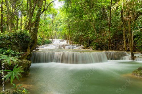 Erawan Waterfall. Nature landscape of Kanchanaburi district in natural area. it is located in Thailand for travel trip on holiday and vacation background, tourist attraction.