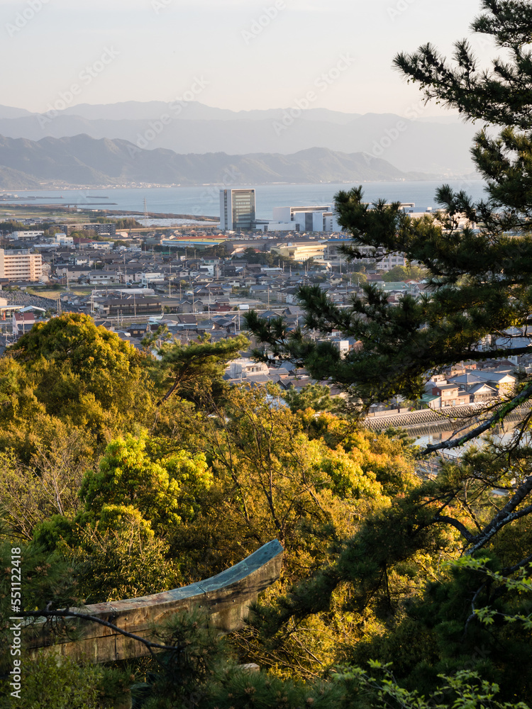 Scenic view of Kanonji city and Seto Inland Sea from Kotohiki Hachimangu shrine - Kagawa prefecture, Japan