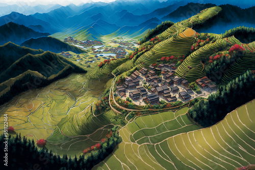 illustration landscape of green rice field terrace of Ping'an Village Longsheng 