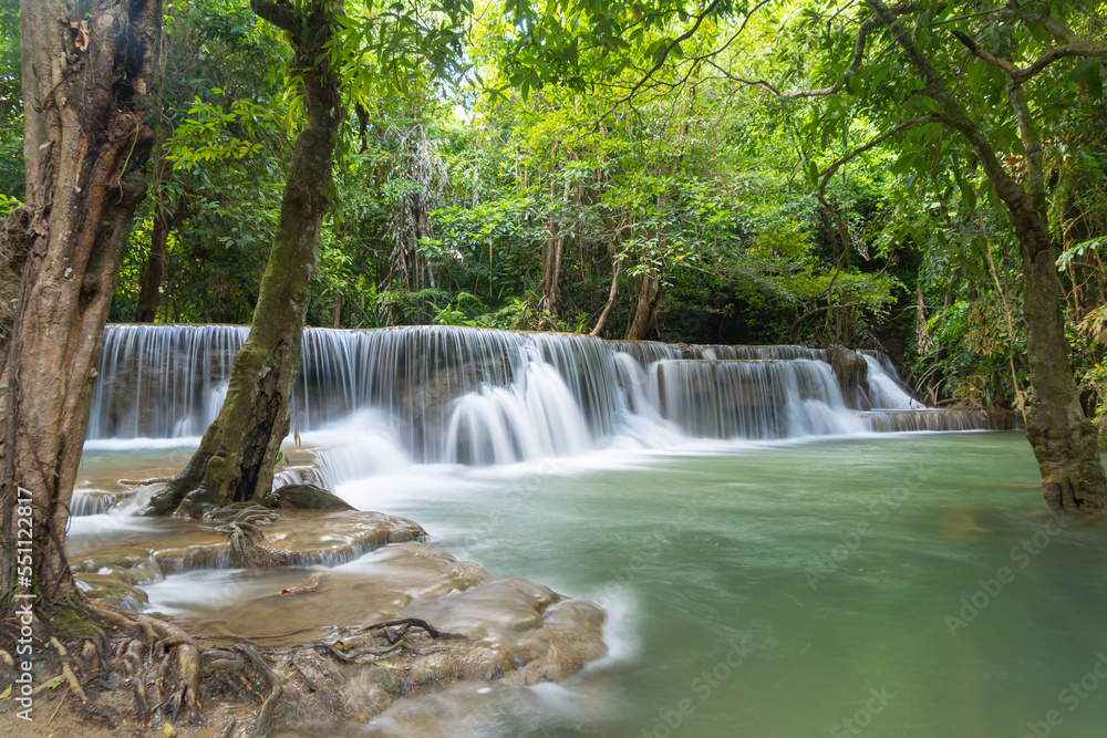 Erawan Waterfall. Nature landscape of Kanchanaburi district in natural area. it is located in Thailand for travel trip on holiday and vacation background, tourist attraction. Erawan Waterfall. Nature landscape of Kanchanaburi district in natural area. it is located in Thailand for travel trip on holiday and vacation background, tourist attraction.