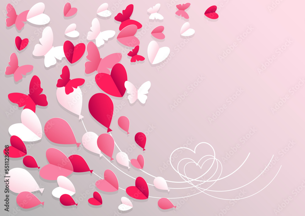 Background in paper cut style with butterflies, hearts and balloons in red and white colors for Valentine's Day or family celebration